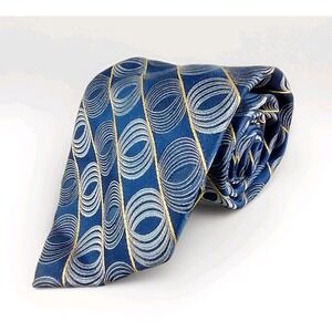 JHANE BARNES Men's Silk Necktie ITALY Designer Geometric Blue Gold Textured‎